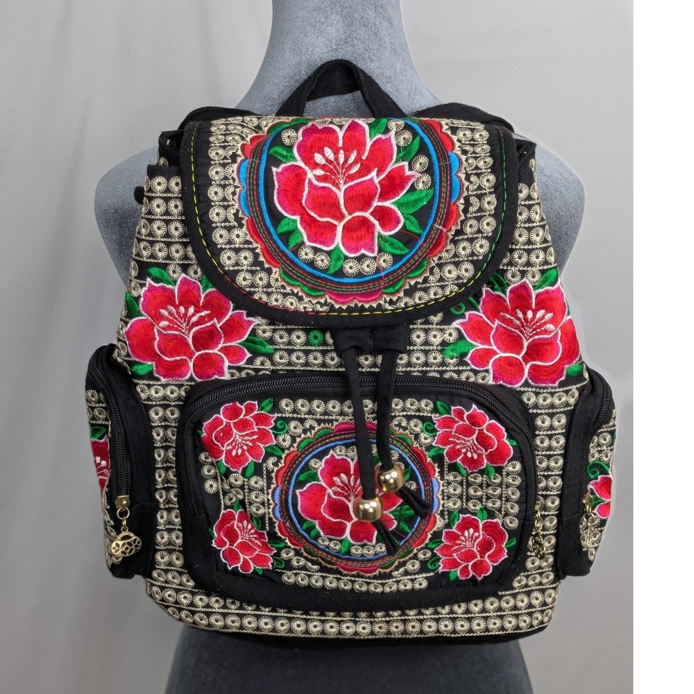Boho Floral Embroidered Backpack Black Multicolor Drawstring Travel 13x12